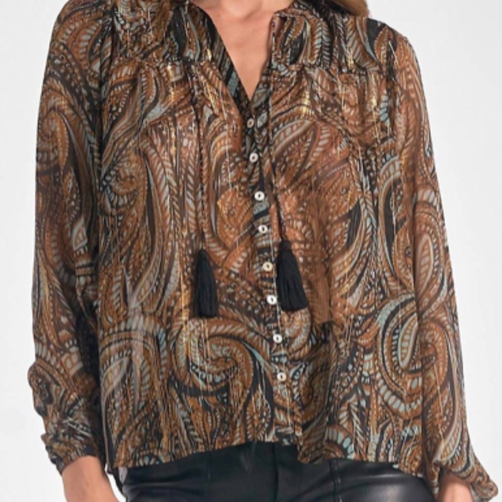 Elan Sheer Blouse with Metallic Gold Threads Size M